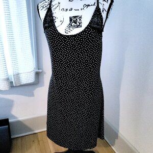 Linea Donatella MED Stretch Knit Lace Trim Black Wht Polka Dot Chemise Nightgown